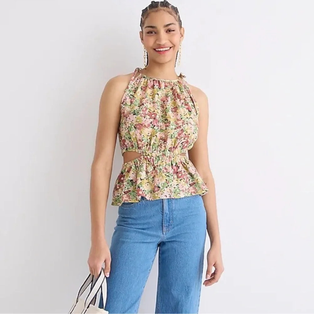 J CREW Cut-Out 100% Linen Tank top Painterly Floral Size M #BJ172 Peplum